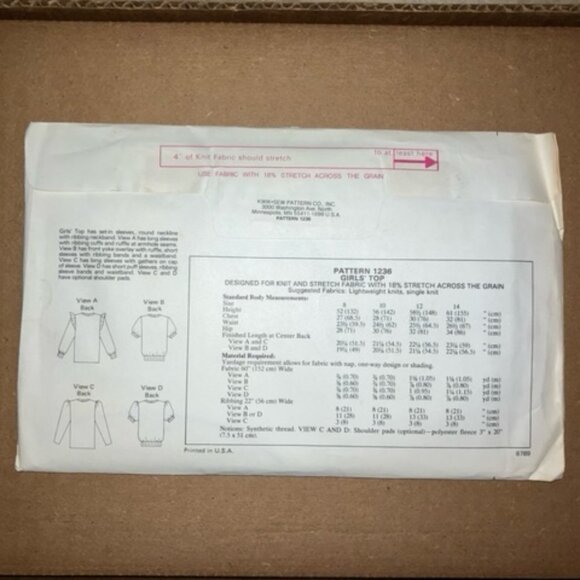 Kwik Sew Vintage pattern #1236 girls tops sizes 8-14 pre-owned NEVER USED - Picture 2 of 2